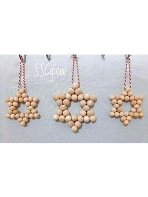 SSCglow Dekoratif Ahşap Boncuklu Yıldız Kırmızı Ipli  3'lü Set