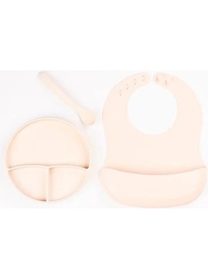 Ttt Krem Rengi 3’lü Silikon Yemek Seti – Önlük + Diş Kaşıyıcılı Kaşık + Vakumlu Tabak