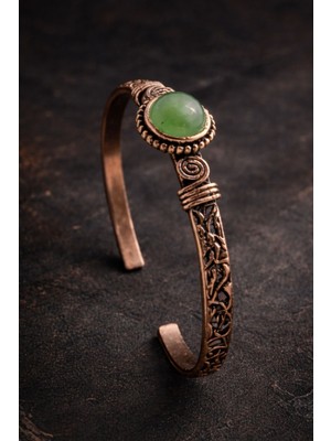 Kadın Bakır Bileklik Doğal Yeşil Akik Taşlı Silindir Model Saf Bakır Bilezik
