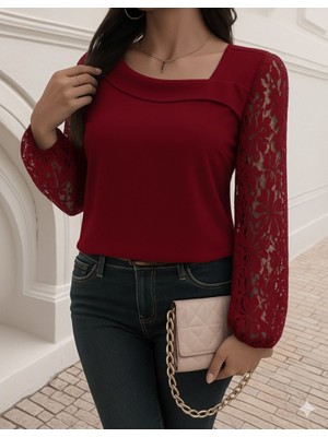 Kadın Uzun Kollu Asimetrik Yakalı Dantelli Ithal Krep Bluz