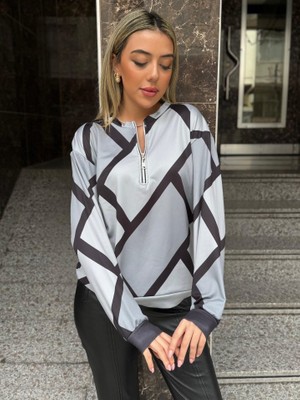 Kadın Uzun Kollu Yuvarlak Yaka Fermuarlı Desenli Şardonlu Bluz