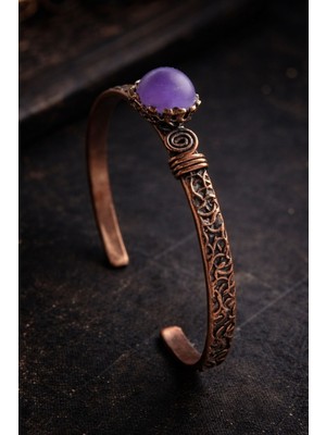 Kadın Bakır Bileklik Doğal Ametist Taşlı Silindir Model Saf Bakır Bilezik