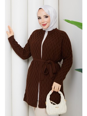 Pamuk Butik Kadın Tok Hasır Örgü Kuşaklı Triko Hırka -PMK508