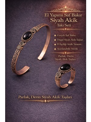 Erkek Kadın Bakır Bileklik Yüzük Set Doğal Siyah Akik Taşı Kadın Kelepçe Bilezik Yüzük