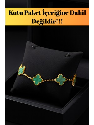 Altın Kaplama Yeşil Malakit Taşlı Petal Yaprak Model Çizgili Kadın Çelik Bileklik