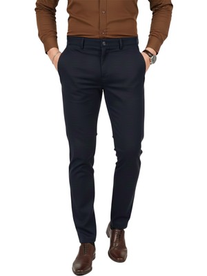Deepsea Erkek Koyu Lacivert Modern Fit Likralı Kumaş Pantolon Günlük & Ofis Kullanımı 2602020