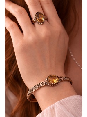 Kadın Bakır Bileklik Yüzük Set Zultanit Taşlı Oval Model Kelepçe Bilezik