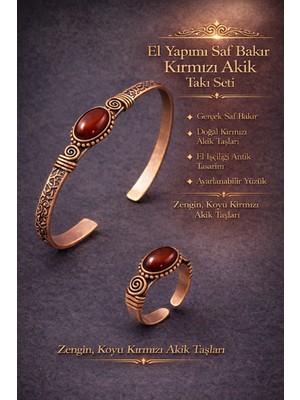 Erkek Kadın Bakır Bileklik Yüzük Set Doğal Kırmızı Akik Taşı Kadın Kelepçe Bilezik Yüzük