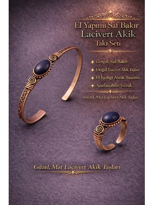Kadın Bakır Bileklik Yüzük Set Lacivert Taşlı Oval Model Kelepçe Bilezik