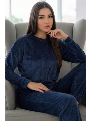 Pijama Evi Koyu Lacivert Veloura Soft Kadın Pijama Takımı 