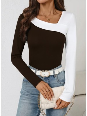 Kadın Uzun Kollu Geometrik Yaka Detaylı Çift Renkli Viskon Bluz