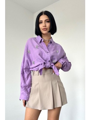 Lila Kristal Taşlı Gömlek