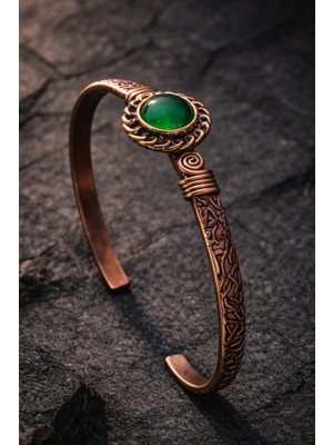 Kadın Bakır Bileklik Yeşil Akik Taşlı Silindir Model Saf Bakır Bilezik