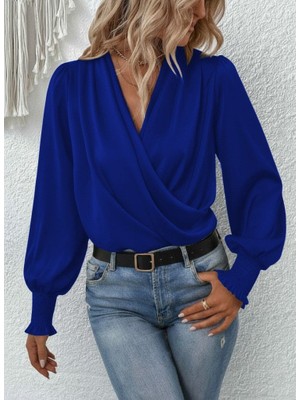 Kadın Uzun Kollu Dökümlü Kruvaze Yaka Kol Ucu Gipeli Sandy Lacivert Bluz