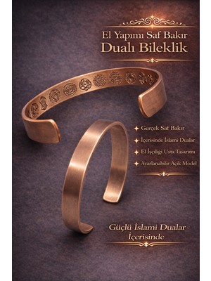 Içi Dualı Erkek Kadın %100 Saf Bakır Bileklik – Ayetel Kürsi, Mühr-Ü Şerif, Elif Vav – Ayarlanabilir