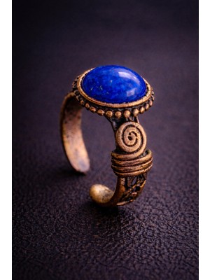 Kadın Bakır Yüzük Doğal Lapis Lazuli Taşlı El Işçiliği Otantik Model Saf Bakır Yüzük