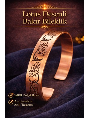 Kadın Bakır Bileklik Lotus Çiçeği Desenli El Işçiliği Saf Bakır Bilezik