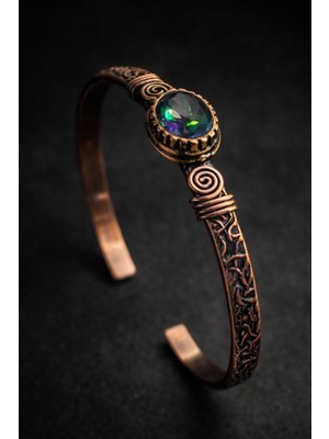 Kadın Bakır Bileklik Doğal Mistik Topaz Taşlı Silindir Model Saf Bakır Bilezik