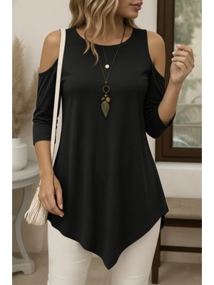 Kadın Omuzlardan Açık Sıfır Yaka Asimetrik Kesim Detay Viskon Bluz