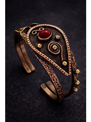 Doğal Kırmızı Akik Taşlı El Yapımı Kadın Bakır Bileklik
