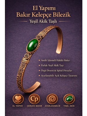 Erkek Bakır Bileklik Doğal Yeşil Akik Taşı Kadın Kelepçe Bilezik
