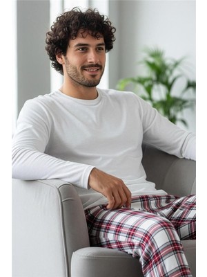 Beyaz Stylish Erkek Uzun Kol Pijama Takımı