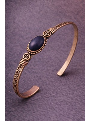 Kadın Bakır Bileklik Lacivert Taşlı Oval Model Kelepçe Bilezik