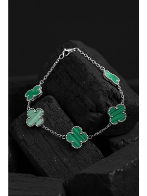 Yeşil Malakit Taşlı Petal Yaprak Model Çizgili Erkek Çelik Bileklik