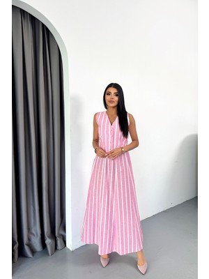 Keten Çizgili Yelek - Uzun Etek Takım - Pembe
