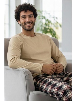 Bej Stylish Erkek Uzun Kol Pijama Takımı