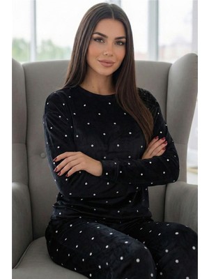 Siyah Puan Desenli Veloura Soft Kadın Pijama Takımı 