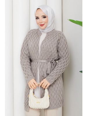 Pamuk Butik Kadın Tok Hasır Örgü Kuşaklı Triko Hırka -PMK508