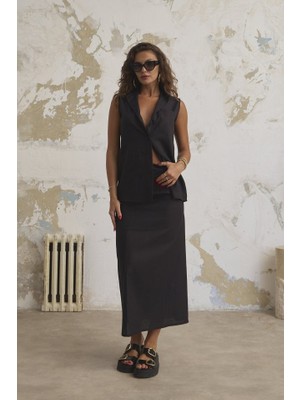 Keten Haki̇m Yaka Kolsuz Gömlek Etek Takim