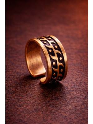 Erkek Bakır Yüzük Üstü Desenli Otanik Model Ayarlanabilir Erkek Yüzük
