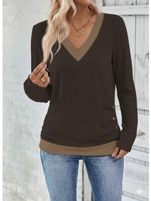 Kadın Uzun Kollu V Yakalı Yandan Düğmeli Yün Viskon Bluz