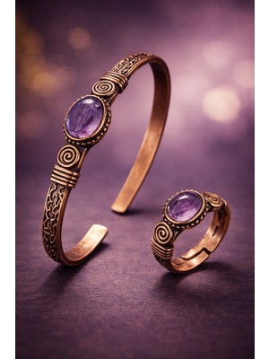 Kadın Bakır Bileklik ve Yüzük Takım Seti Doğal Ametist Taşlı Set