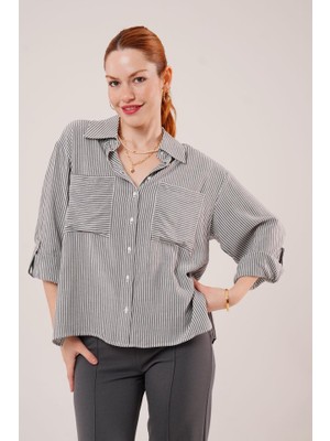 Yarasa Kol Çizgili Cep Detaylı Gri Gömlek