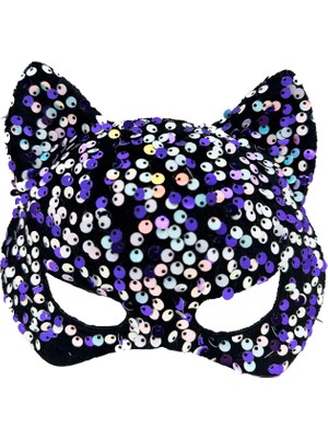 Vanch Siyah Kadife Kumaş Üzerine Mor Beyaz Payetli Pullu Parti Maskesi 16x14 cm (5264)