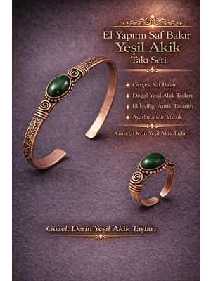 Erkek Kadın Bakır Bileklik Yüzük Set Doğal Yeşil Akik Taşı Kadın Kelepçe Bilezik Yüzük