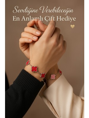 Erkek Kadın Çift Bilekliği Kırmızı Petal Yaprak Formlu Tasarım Çelik Bileklik