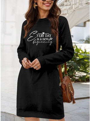 Kadın Uzun Kollu Bisiklet Yaka Kısa Viskon Iki Iplik Elbise