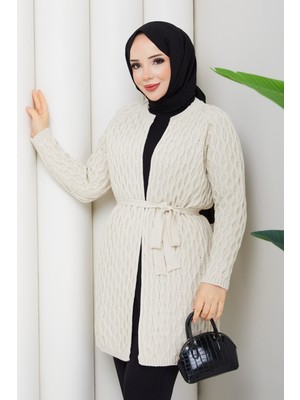 Pamuk Butik Kadın Tok Hasır Örgü Kuşaklı Triko Hırka -PMK508