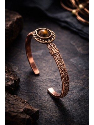 Kadın Bakır Bileklik Doğal Kaplan Gözü Taşlı Silindir Model Saf Bakır Bilezik