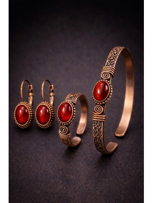 Kadın Bileklik Küpe Yüzük Takım Set Doğal Kırmızı Akik Taşlı Bakır Set
