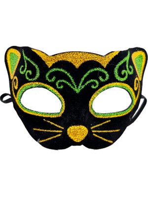 Vanch Siyah Kadife Kaplama Üzeri Sarı Yeşil Sim İşlemeli Kedi Maskesi 20x13 cm (5264)