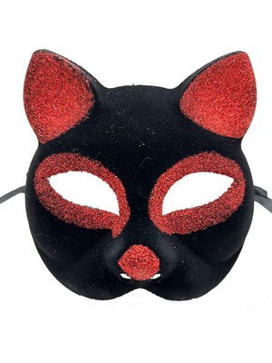 Vanch Siyah Renk Kırmızı Simli Süet Kaplama Kedi Maskesi 18x14 cm (5264)