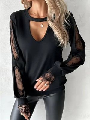 Kadın Uzun Kollu Damla Detaylı Viskon Iki Iplik Bluz