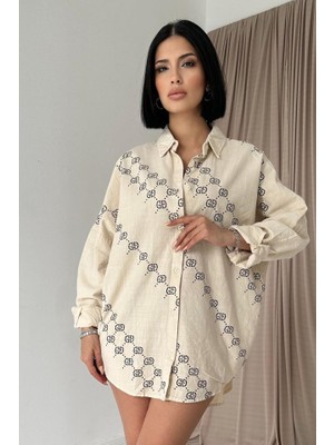Bej Boyamalı Keten Baskılı Taşlı Gömlek