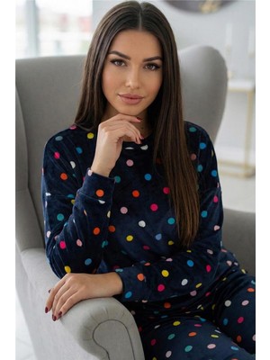 Pijama Evi Lacivert Puan Desenli Veloura Soft Kadın Pijama Takımı 