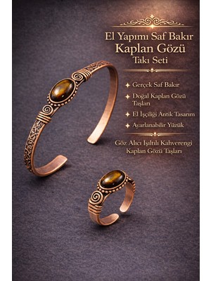 Erkek Kadın Bakır Bileklik Yüzük Set Doğal Kaplan Gözü Taşı Kadın Kelepçe Bilezik Yüzük